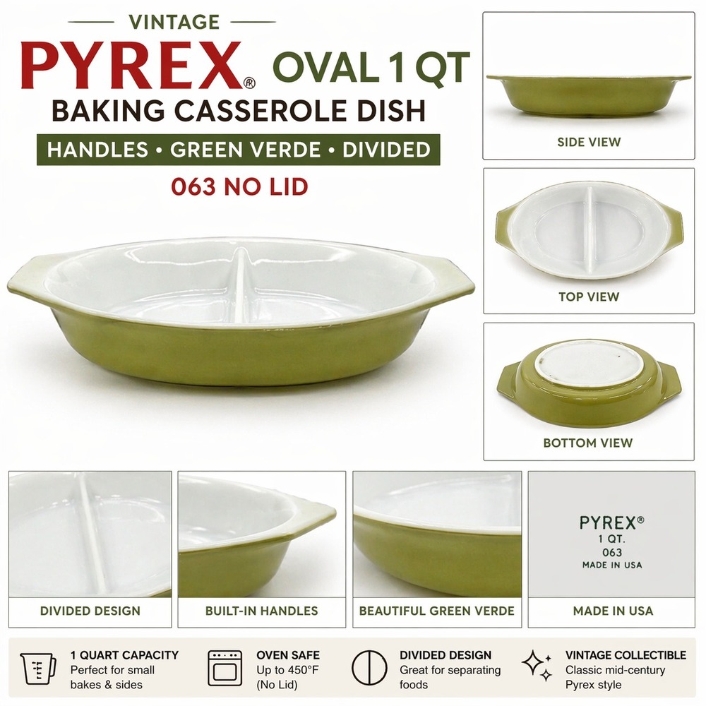Vintage Pyrex Verde Green 063 Divided Casserole Dish 1 Qt Oval No Lid Made in US
